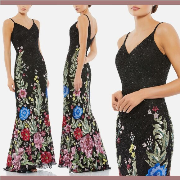 NWT $598 Mac Duggal [ 0 ] Floral Embellished Spaghetti Strap Gown in Black #Q690